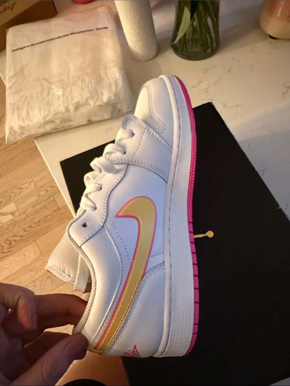 Nike Kids White Sneakers with Yellow and Pink Swoosh
